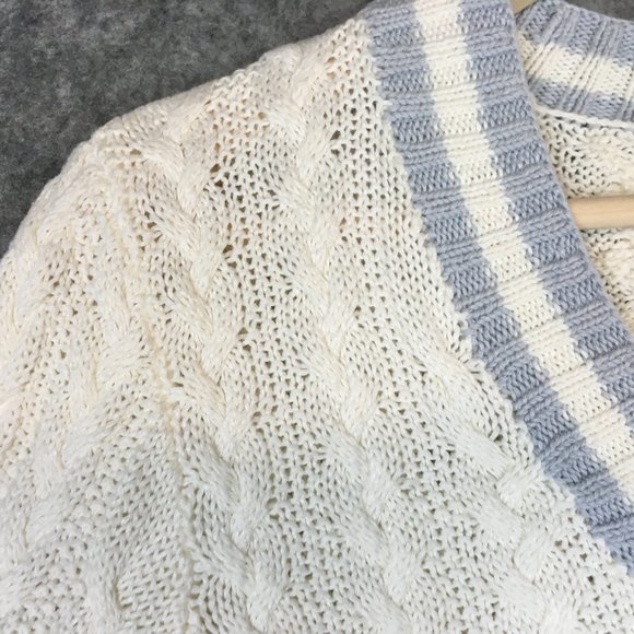 Lauren Ralph Lauren Sweater S M Preppy Cable Knit Blue Ivory V Neck Cuffed Braid - Picture 4 of 11
